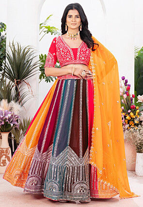Embroidered Georgette Lehenga in Multicolor