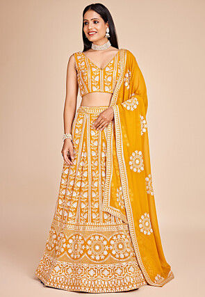 Embroidered Georgette Lehenga in Mustard