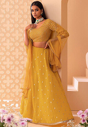 Embroidered Georgette Lehenga in Mustard