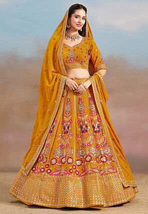 Embroidered Georgette Lehenga in Mustard