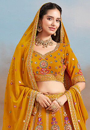 Embroidered Georgette Lehenga in Mustard