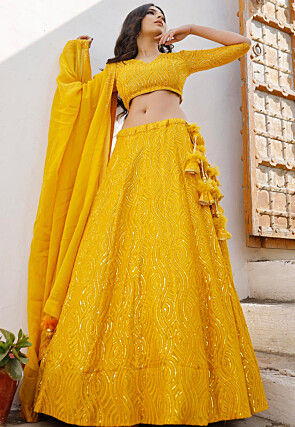 Embroidered Georgette Lehenga in Mustard