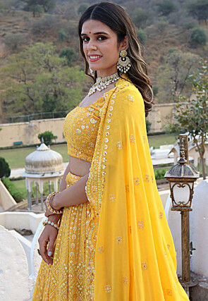 Embroidered Georgette Lehenga in Yellow