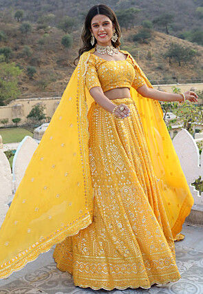 Embroidered Georgette Lehenga in Yellow