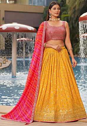 Embroidered Georgette Lehenga in Mustard