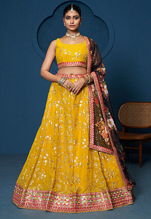 Embroidered Georgette Lehenga in Mustard