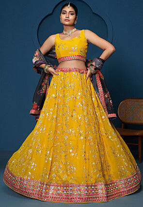 Embroidered Georgette Lehenga in Mustard