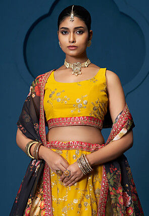 Embroidered Georgette Lehenga in Mustard