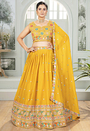 Embroidered Georgette Lehenga in Mustard