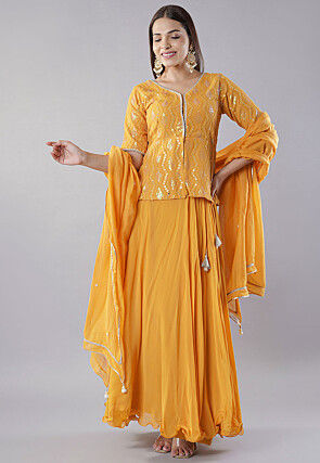 Embroidered Georgette Lehenga in Mustard