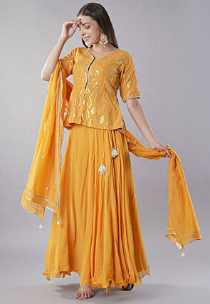 Embroidered Georgette Lehenga in Mustard