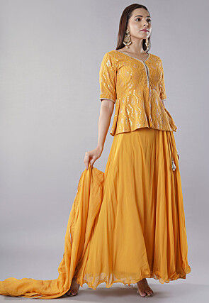 Embroidered Georgette Lehenga in Mustard