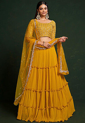 Buy Wedding Lehengas - Yellow And Pink Multi Embroidery Silk Lehenga Choli  At Hatkay