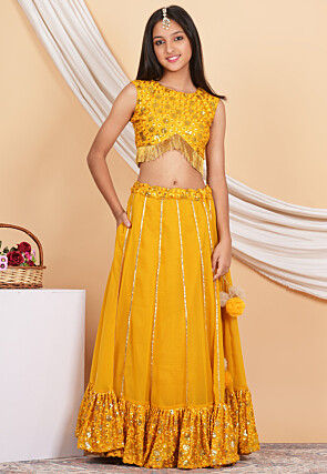 Embroidered Georgette Lehenga in Mustard