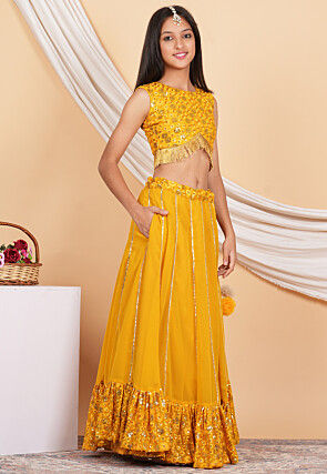 Embroidered Georgette Lehenga in Mustard