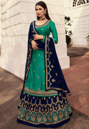 Embroidered Satin Georgette Lehenga in Teal Green