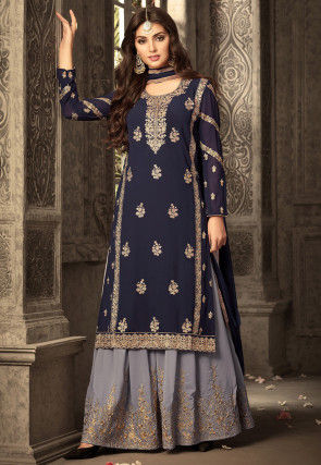 Embroidered Georgette Sharara Lehenga in Navy Blue