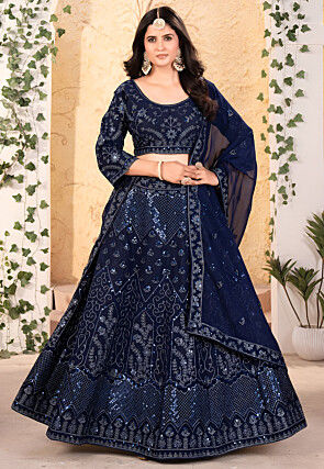 Embroidered Georgette Lehenga in Navy Blue