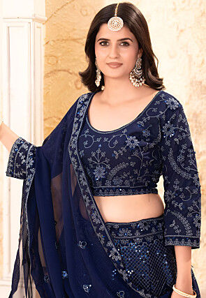 Embroidered Georgette Lehenga in Navy Blue