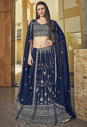 Embroidered Georgette Lehenga in Navy Blue