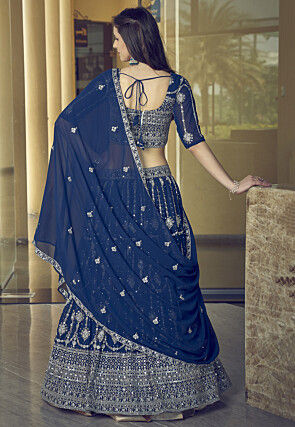 Embroidered Georgette Lehenga in Navy Blue