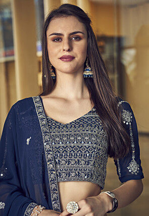Embroidered Georgette Lehenga in Navy Blue