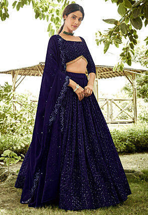 Embroidered Georgette Lehenga in Navy Blue