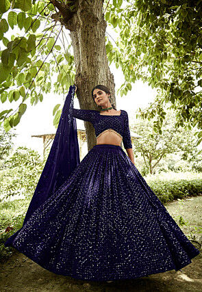 Embroidered Georgette Lehenga in Navy Blue