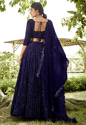 Embroidered Georgette Lehenga in Navy Blue
