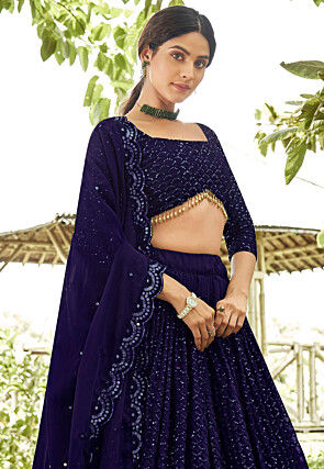 Embroidered Georgette Lehenga in Navy Blue