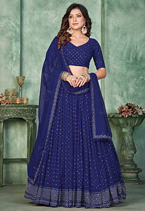 Embroidered Georgette Lehenga in Navy Blue