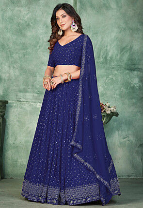 Embroidered Georgette Lehenga in Navy Blue