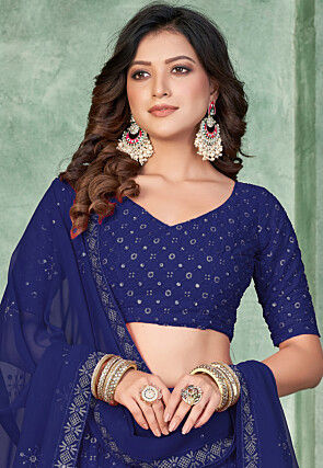 Embroidered Georgette Lehenga in Navy Blue