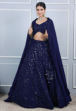 Embroidered Georgette Lehenga in Navy Blue