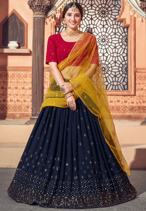 Orange & Blue Coloured Designer Banarasi Lehenga Choli with Dupatta!! –  Royskart