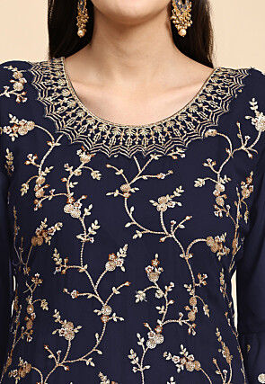 Embroidered Georgette Lehenga in Navy Blue