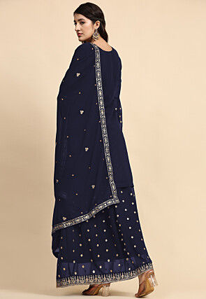 Embroidered Georgette Lehenga in Navy Blue
