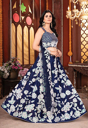 Embroidered Georgette Lehenga in Navy Blue