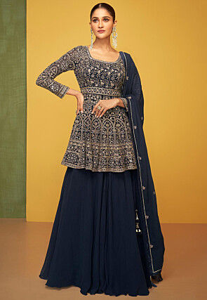 Embroidered Georgette Lehenga in Navy Blue