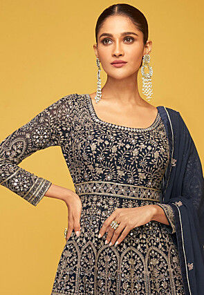 Embroidered Georgette Lehenga in Navy Blue