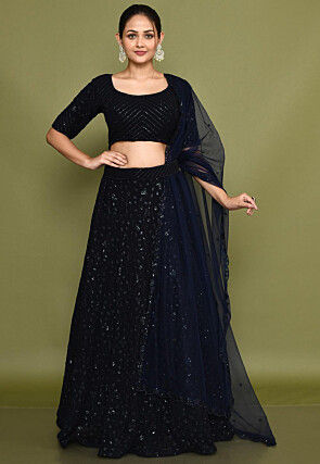Embroidered Georgette Lehenga in Navy Blue