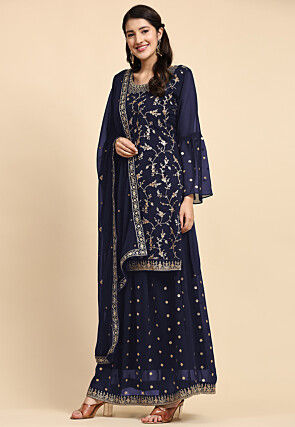 Embroidered Georgette Lehenga in Navy Blue