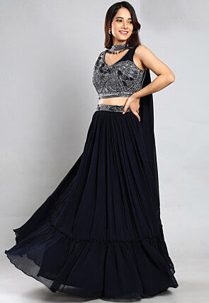 Embroidered Georgette Lehenga in Navy Blue