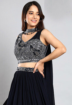 Embroidered Georgette Lehenga in Navy Blue