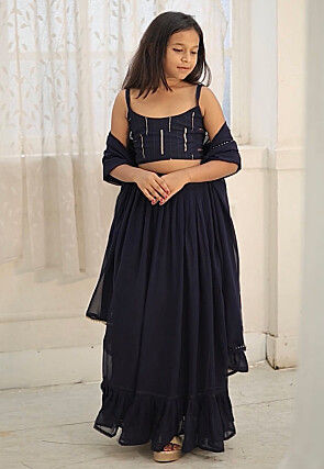 Embroidered Georgette Lehenga in Navy Blue