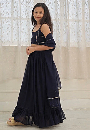 Embroidered Georgette Lehenga in Navy Blue