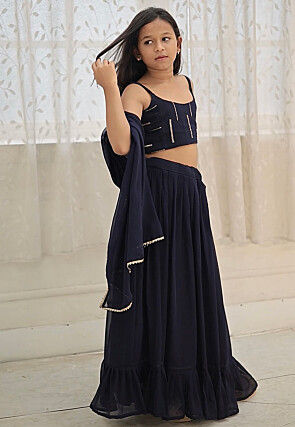 Embroidered Georgette Lehenga in Navy Blue