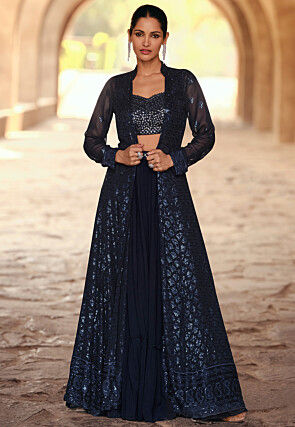 Embroidered Georgette Lehenga in Navy Blue