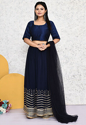 Embroidered Georgette Lehenga in Navy Blue