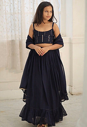 Embroidered Georgette Lehenga in Navy Blue